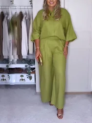 2024 Women Pants Set Green Elastic Waist Pocket Wide Leg Pants+Solid Single-Breasted Slit Hem Blouse Tops Streetwear