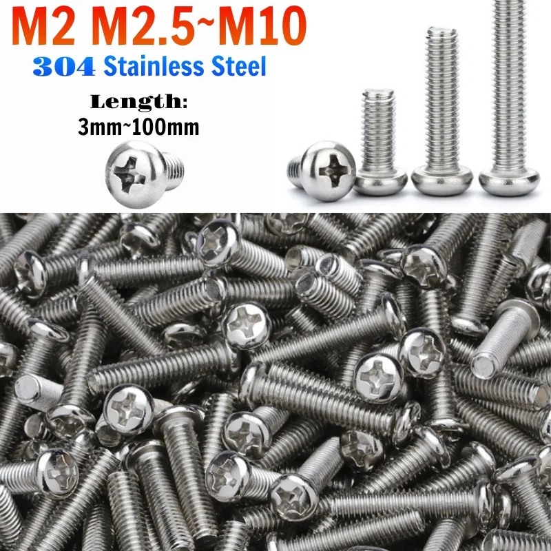 Cross Recessed Pan Head Screw 304 Stainless Steel Phillips Round Head Machine Screw Phillips TV Computer Bolts M2M2.5M3M3.5-M10