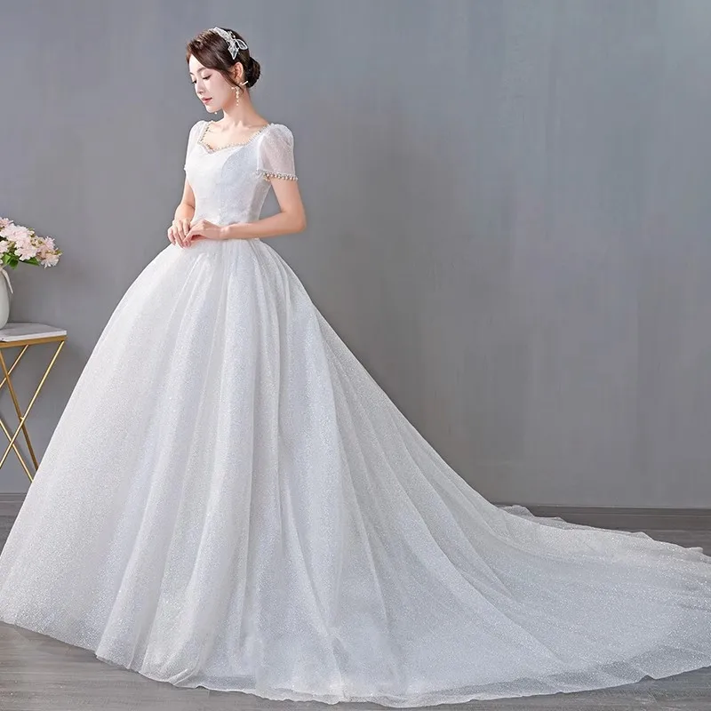 It's yiya abito da sposa bianco Bling Tulle maniche corte colletto quadrato perline principessa lunghezza del pavimento Plus size abito da sposa Trailing