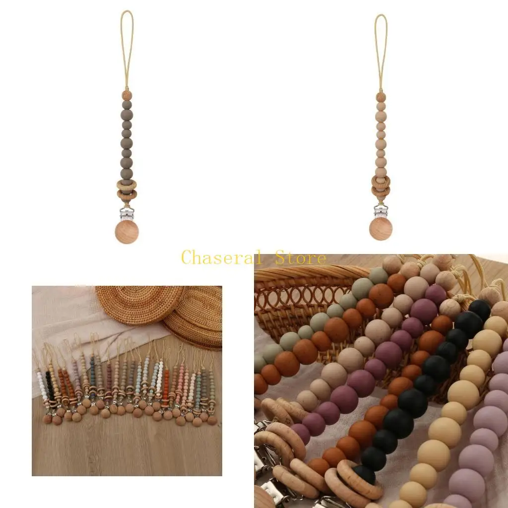 

E7CE Handmade Wooden Pacifier Chains Safe Teething Chain Baby Teether Eco-friendly Pacifier Clips Holder Chain Smooth Surface