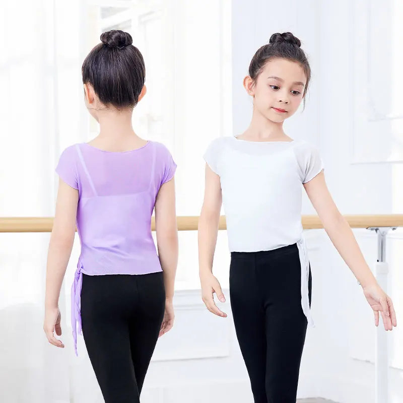 Ballet Tops Girls Dance T-shirt Tops Kids Summer Dance Clothes With Side Bandage Design Short Sleeves Mesh Nylon Tops