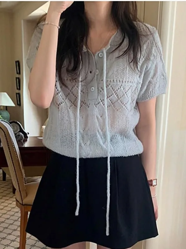  Collar Hollow out Floral Knitwear Summer New Sle Agel Tie Waist Thin Top for Women Quali Faionable Sweater