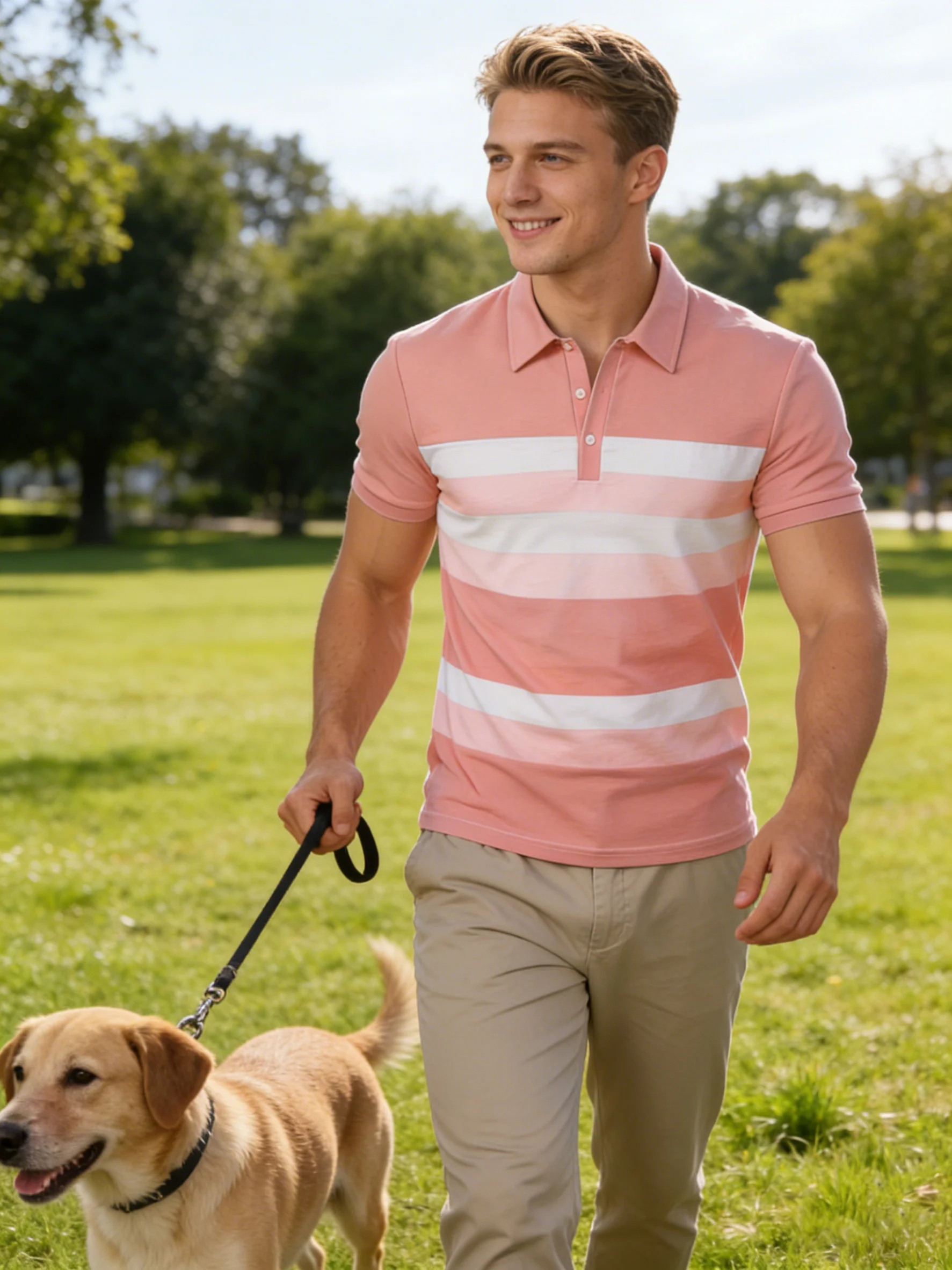 

Летняя мужская рубашка с коротким рукавом и воротником, с розовым полосатым принтом, модная повседневная тонкая футболка