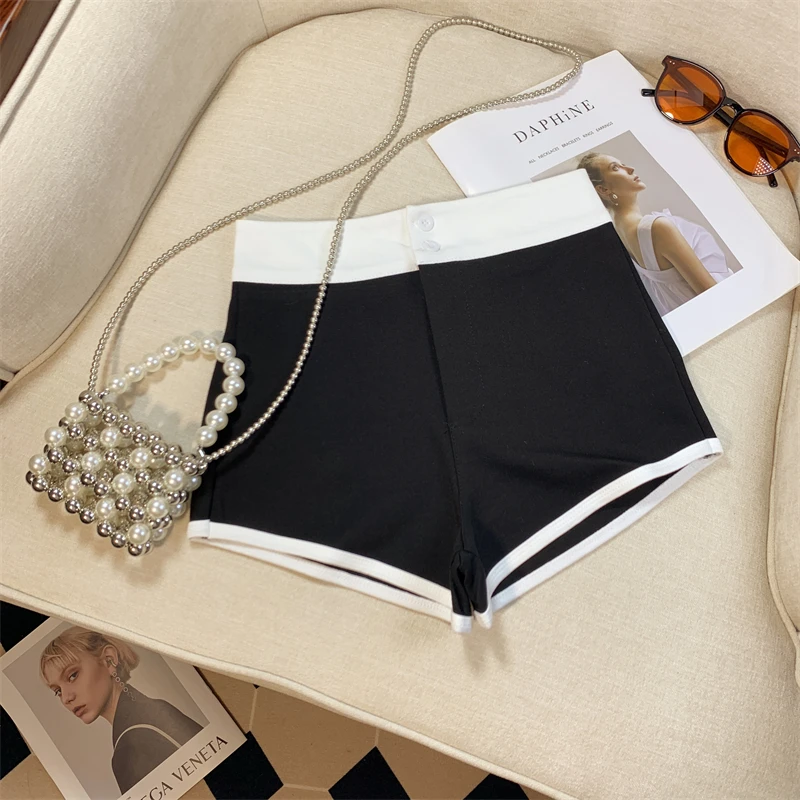 New Fashion Black White Patchwork High Waist Wrap Hip A-line Shorts Women Summer Gray Casual Wide-leg Short Pant Trend Popular