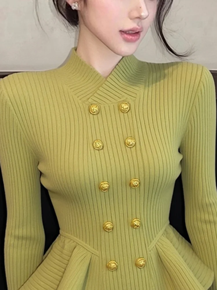 Top de punto largo con doble botón único para mujer Faionable Slim Fit Base irt Otoño Invierno Sli Bell Sve Cintura...