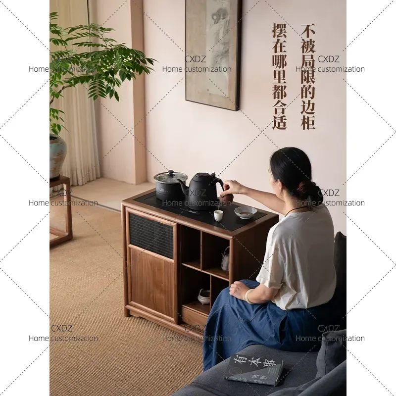 Solid Wood Tea Cabinet New Chinese Style Kettle Integrated Sideboard Black Walnut Tea Room Storage Shelf Edge Table