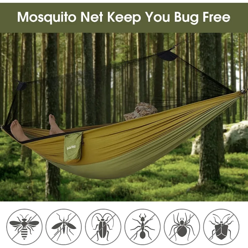 Camping Hammock with Net and Rain Fly, 2 Person Lightweight Portable Hammock Tent with Tarp