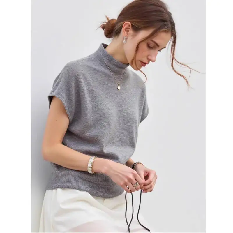 

Half High Collar Seamless Knitted Sweater Spring Autumn 100% Pure Wool Short Sleeve Loose Knitted Tops