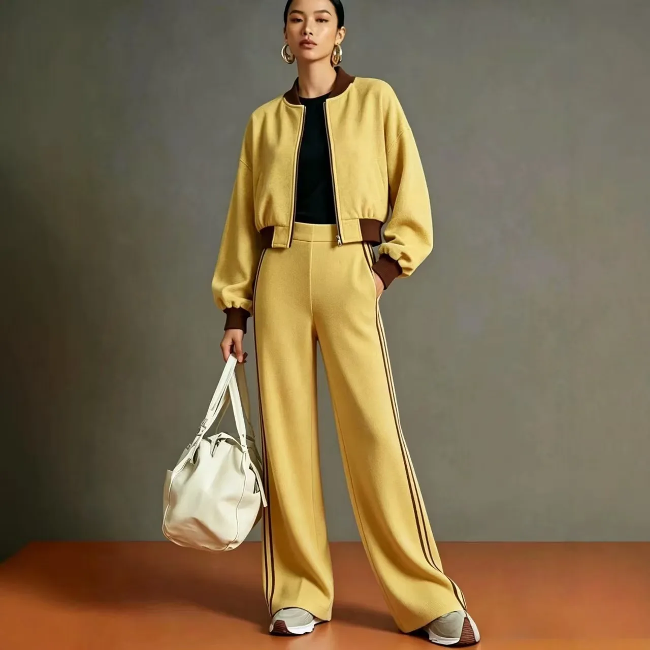 XXOWENLI 2 Piece Tracksuit Set Women's Casual Zipper Cardigan Jacket+Side Stripe Wide Leg Pants Set Autumn Sports Matching Suit