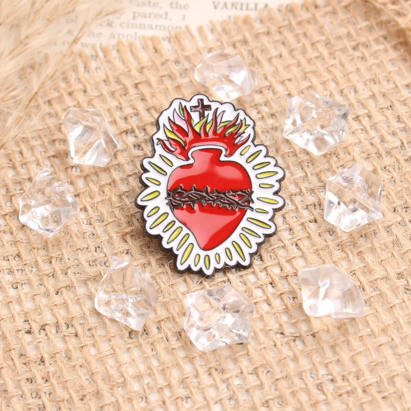 Religious Art Sacred Heart Pin Flaming Red Heart Adorned with Thorns Accented with A Cross Suitable for Clothing.Gift for Friend