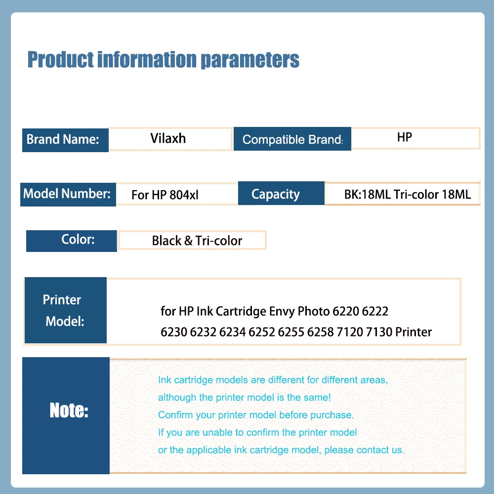 Vilaxh For HP804 804XL 804XXL Refillable Ink Cartridge Envy Photo 6220 6222 6230 6232 6234 6252 6255 6258 7120 7130 Printer