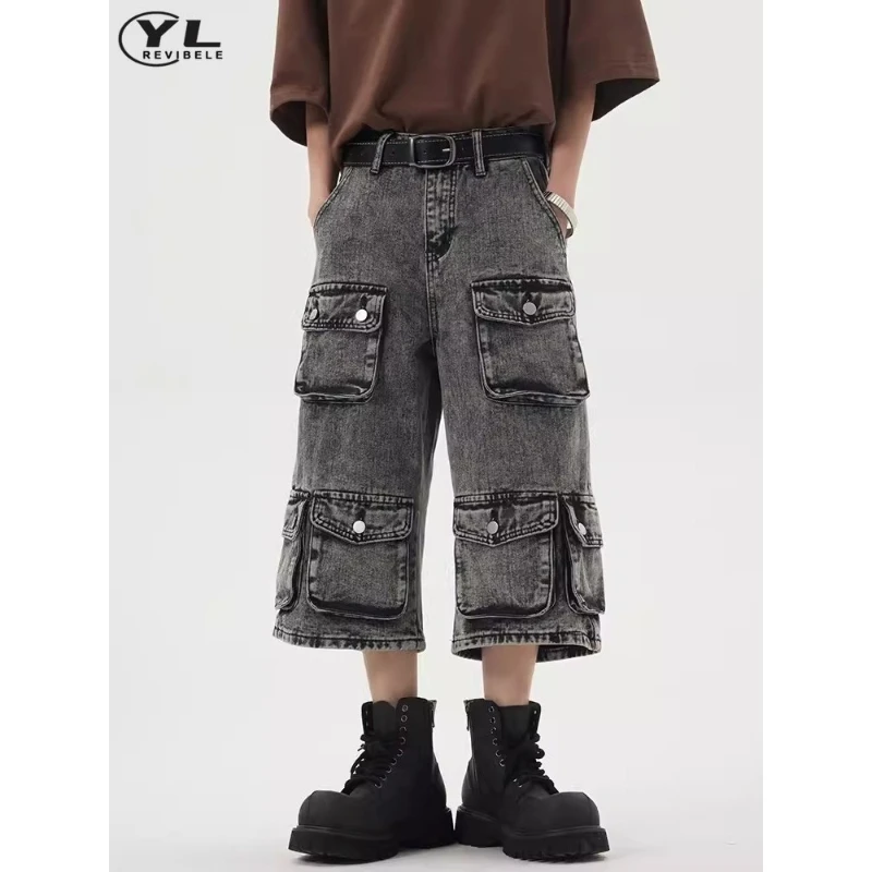 Heavy Industry Washed Multi-pocket Denim Shorts Men Summer High Street Straight Cargo Pant Baggy Wide Leg Jean Five-point Pants