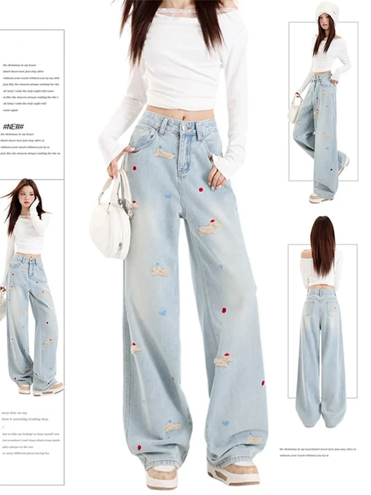 

Retro American Fce Lined Thiened Embroidered Dog Denim Pants Women's Autumn Straight Leg Slimming Large Size Loose Wide ...