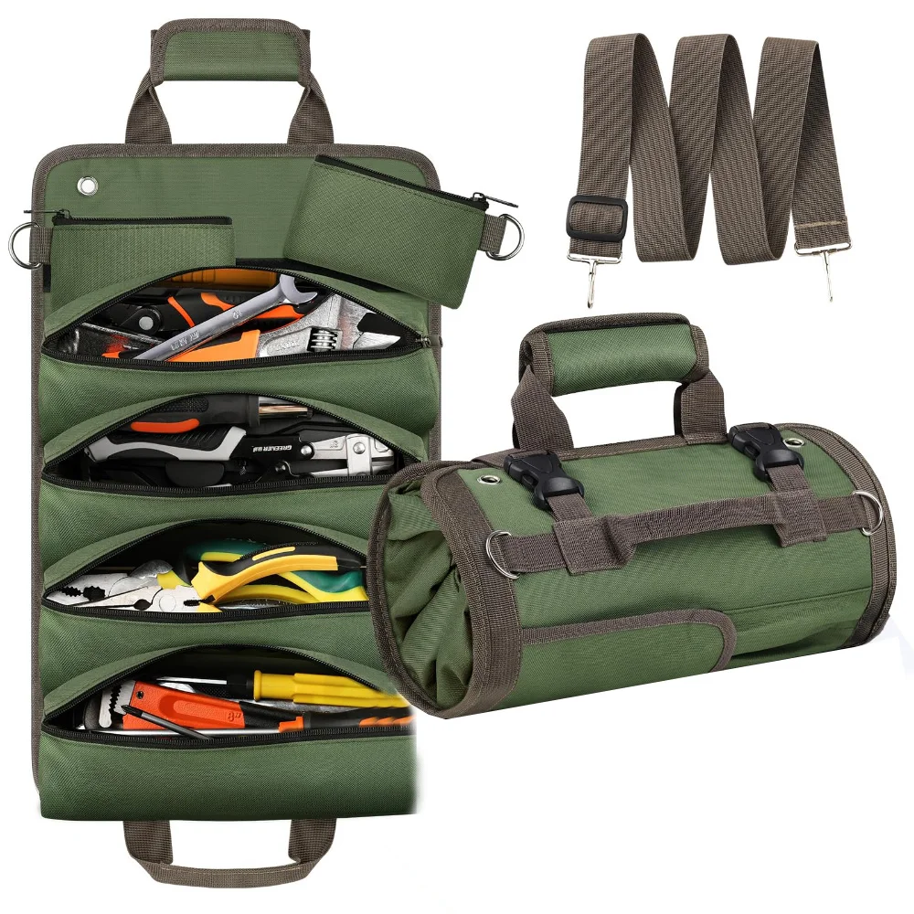 Heavy Duty Portable Soft Tool Storage, Foldable Empty Rollup Organizer with Small Pockets for Him Dad Men Mechanic Welding