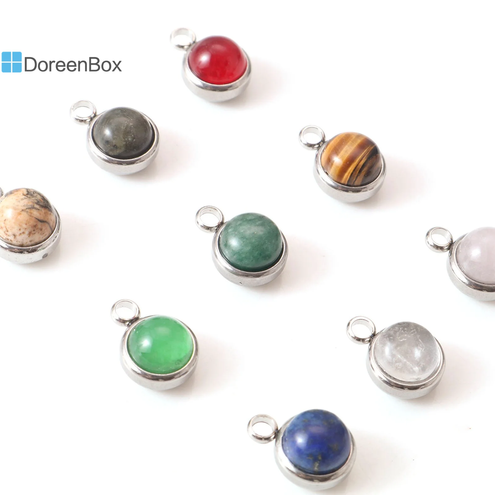 1 PC Natural Stone 304 Stainless Steel Charms Silver Color Multicolor Round Charms Pendants for DIY Earrings Necklace 14mmx10mm