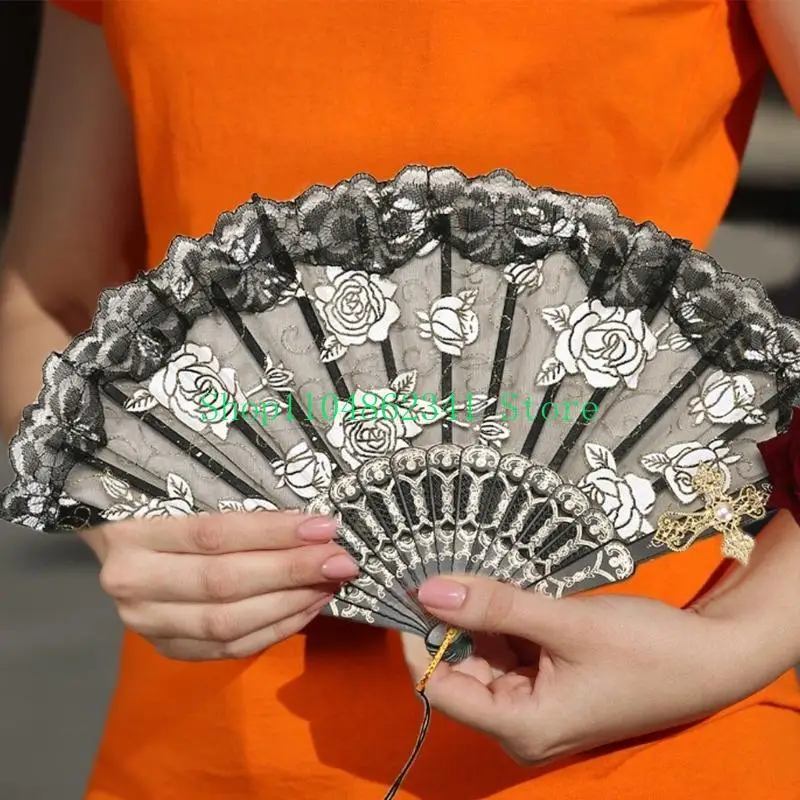 5asd quạt retro với tassels ren quạt đám cưới người hâm mộ gập tay cho bữa tiệc khiêu vũ