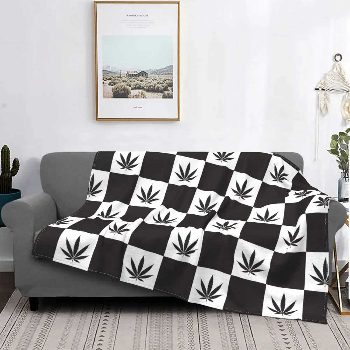 

Cannabis Leaf Checked Knitted Blankets Marijuana Weed Flannel Throw Blanket Airplane Travel Printed Lightweight Bedspread