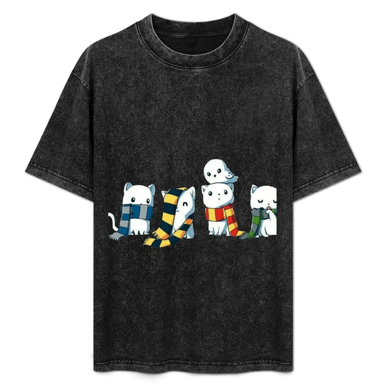 4 魔法のカラフルな猫とスカーフクラシック Tシャツクロスウィットシャツ男ブランクグラフィックシャツ tシャツ男性用
