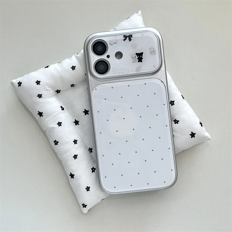 

Kawaii Black White Cat Bow Heart Tiny Polka Dot Phone Case For iPhone 15 16 17 Pro Max INS Cute Large Window Shockproof Cover