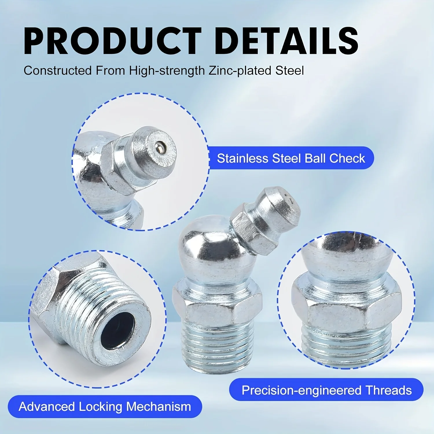 120-teiliges SAE- und metrisches Fettnippel-Set – Hydraulische Zerk-Verbinder, inklusive 1/4", 1/8", M6, M8, M10 Spezifikationen, mit geraden und 45-Grad-Verbinder ° Winkelkopf und 90 ° Winkelkopf, geeignet für Anwendungen in der Automobil- und Industriebranche, aus verzinktem Stahl gefertigt. – Detail 1