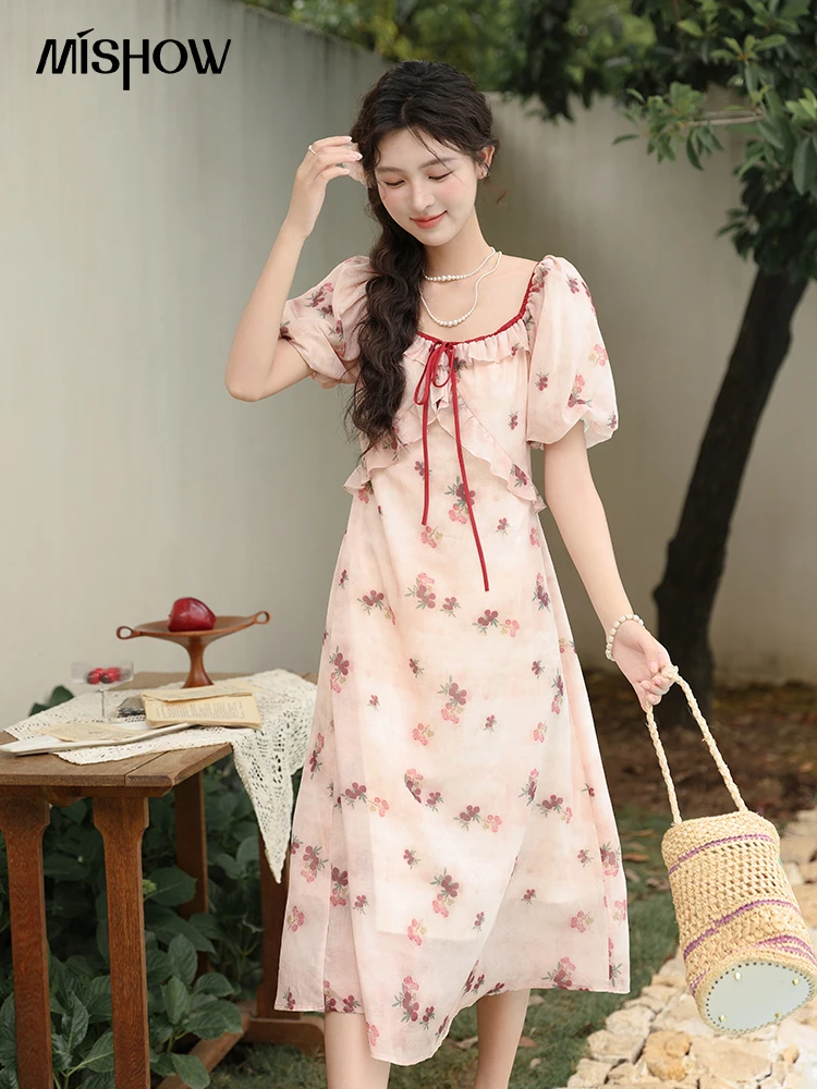 MISHOW Tea Break French Dress Women 2024 Summer Korean Floral Bubble Sleeve Dress Square Neck Lace-up Waist Dresses MXD31L1924