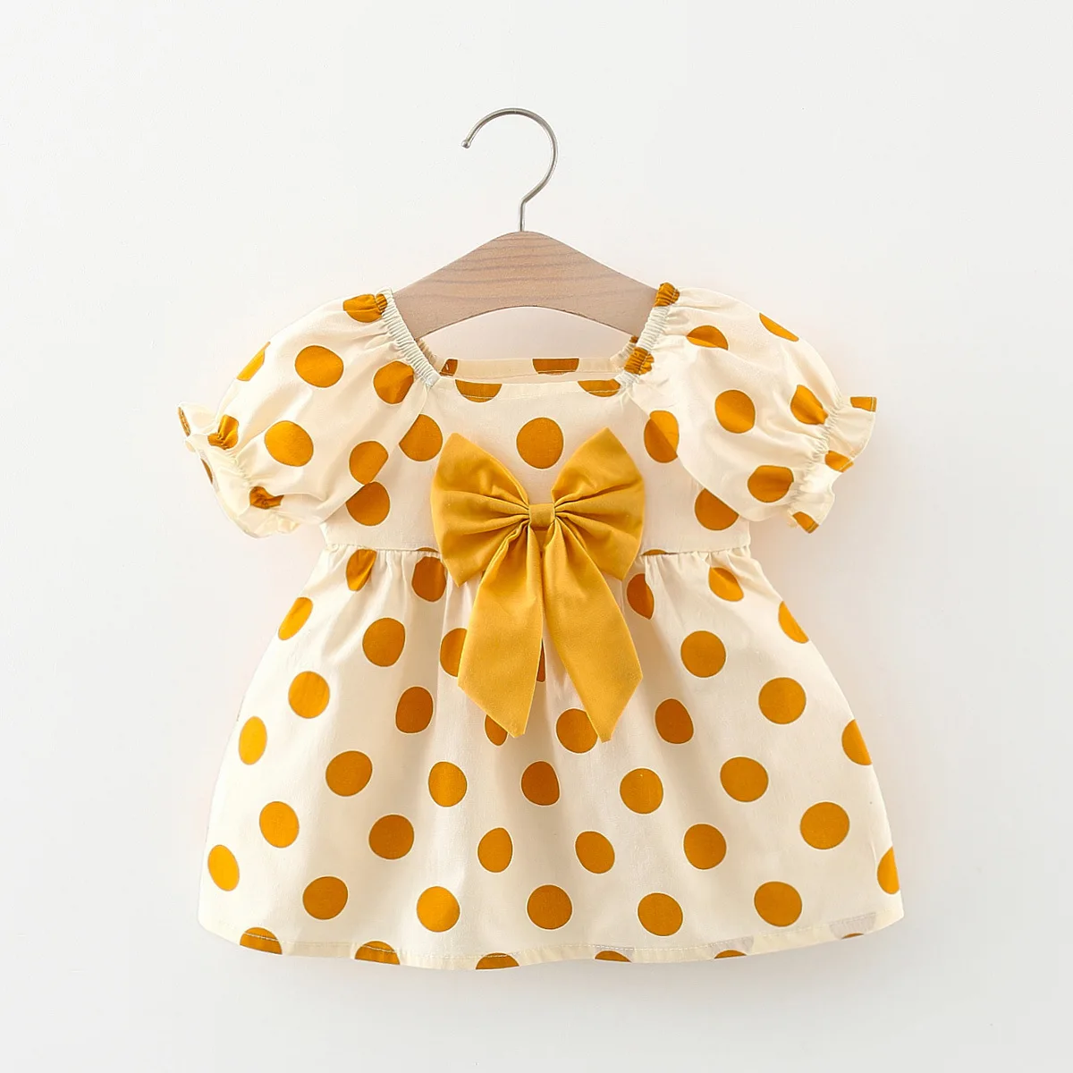 Summer girl dress baby girl bow full of polka dot print bubble sleeves cute short sleeved princess dress