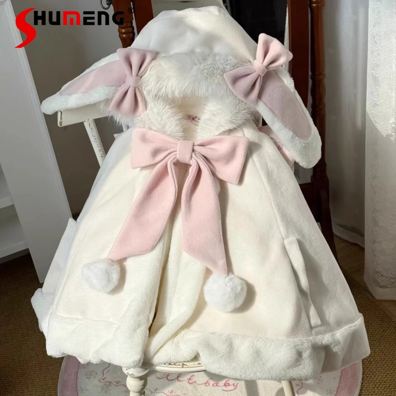 

Original Y2k Cloak Hooded Women Japanese Lolita Fur Patchwork Rabbir Ear Hooed Coat Kawaii Sweet Bow Jackets Oversized JK Capes