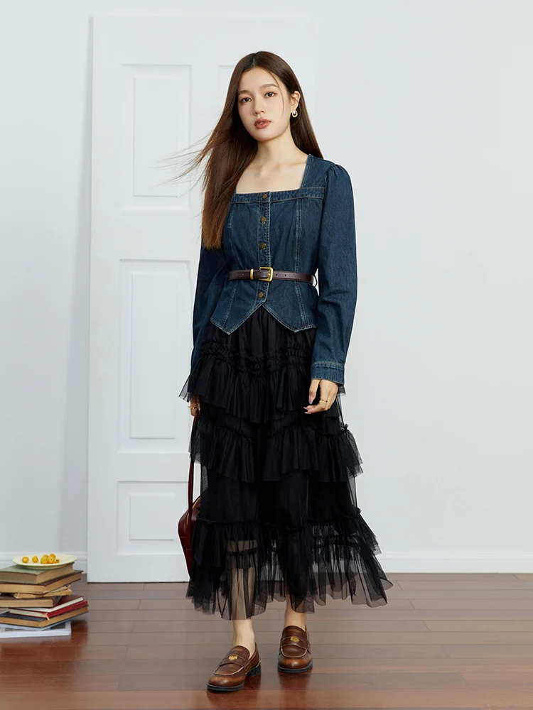 DUSHU Hong Kong Style INS Commuter Versatile Denim Set Autumn 2023 New Fashion Denim Two Piece Set Office Lady Women Set