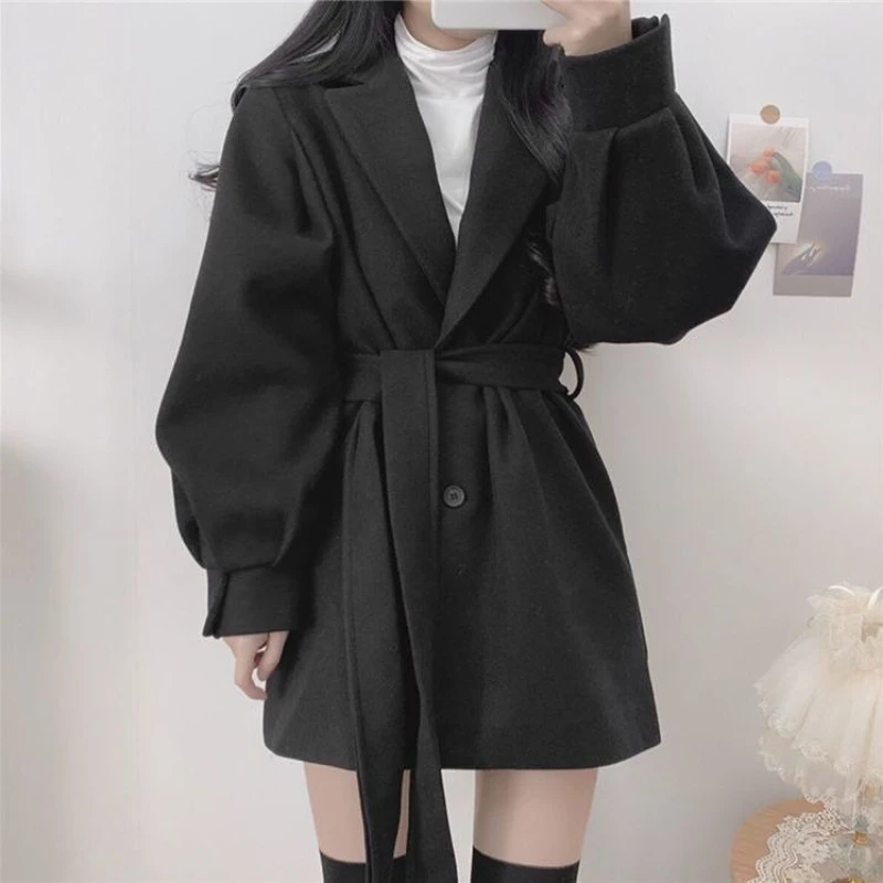 معطف صوف نسائي عتيق على الطراز الكوري مع ياقة مدببة وزرين وربطة خصر وأكمام فانوس مناسبة لخريف وشتاء صغير