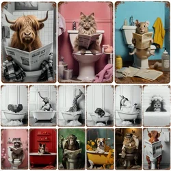 Funny Animal Posters Metal Tin Sign Plaque Dog Monkey Reading Newspapers Decorative Plates For Toilet Bathroom Wall Art Decor