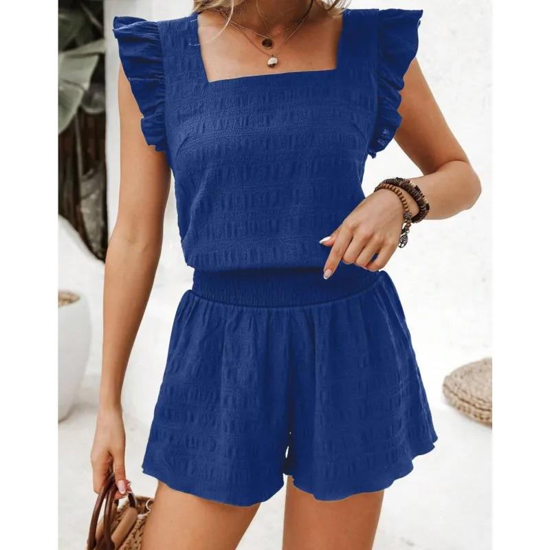 2026 New Summer Women's Shorts Set Small Fly Sleeves And Square Collar Casual Loose Fashion Comfortable And Versatile Shorts Set