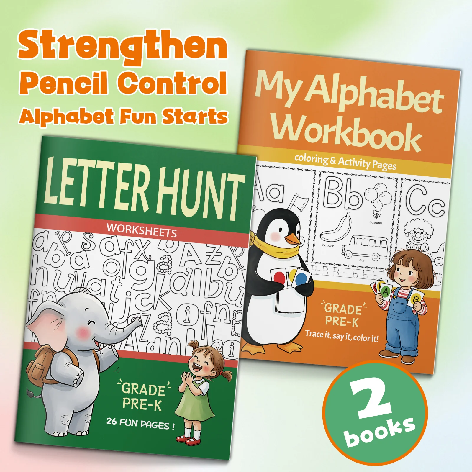 2‑Book A‑Z Alphabet Workbook Set, Letter Hunt Worksheets + My Alphabet Workbook, Tracing, Coloring & Letter Search