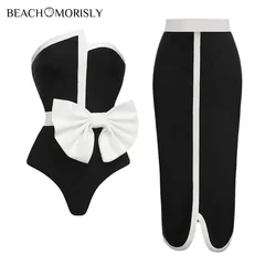 2024 Vintage Black Off Shoulder Bow Tie One Piece Swimsuit and Skirt Swimwear Set Women  Vacation Beachwear Luxury Bathing Suit