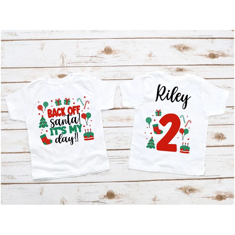 Christmas 2nd Birthday Bodysuit or T Shirt - Merry Birthday, Back Off Santa Its My Day, Two Year Old, Red Green Birthday T-shirt