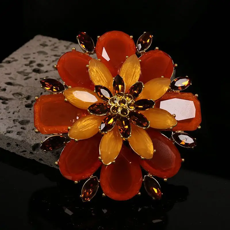 

Three-Layer Flower Brooch,Gold Plated Over Sized Pin, Warm Tone Fall Winter Coat Accessory