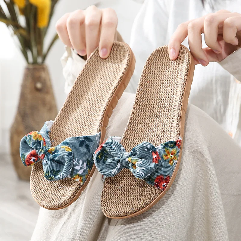 Summer Women Slippers Home Female Bowknot Flax Slippers Linen Flip Flops Bohemia Beach Sandals Slipper Chaussure Femme