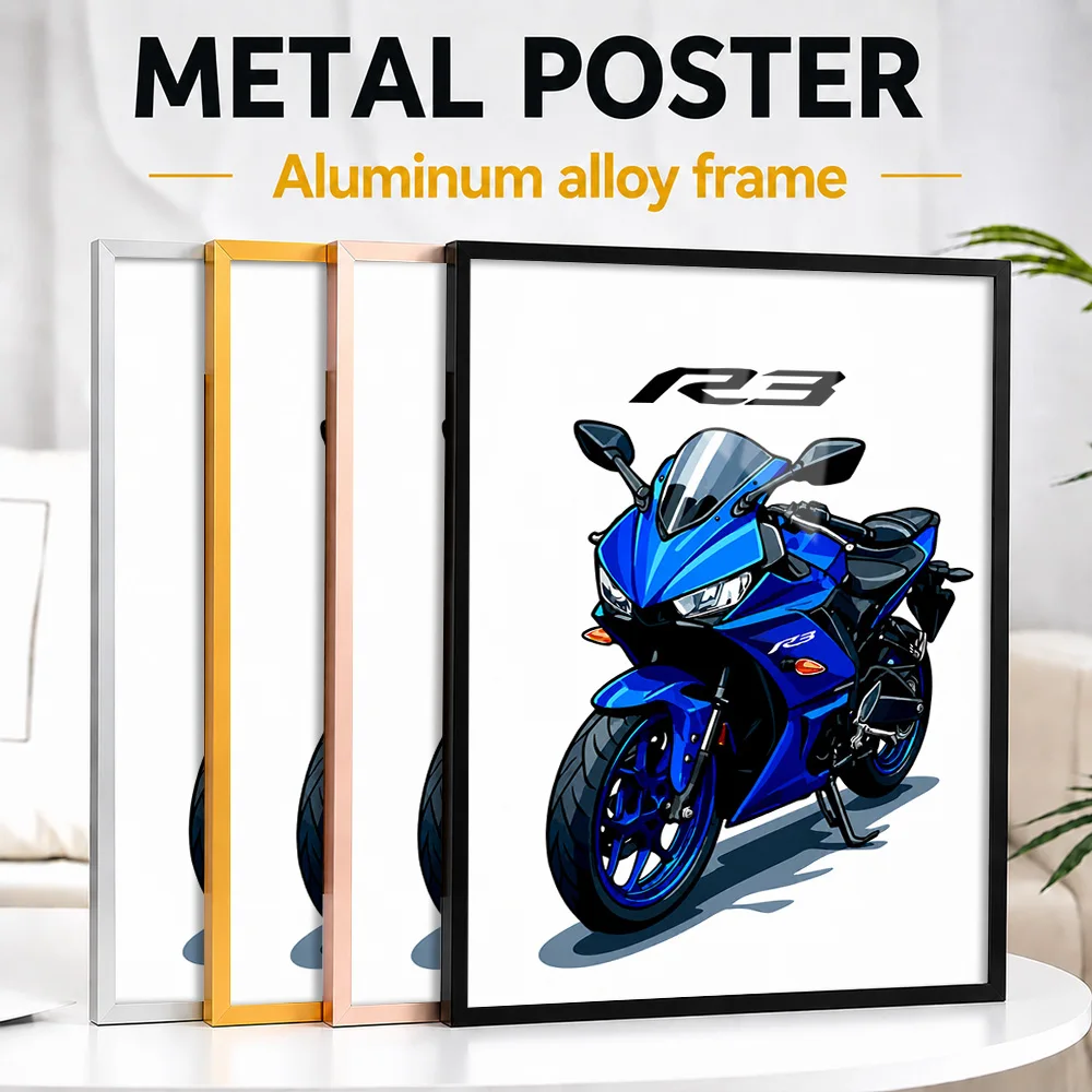Blue Japanese R3 Motorcycle Framed Metal Print Customized Illustrated Wall Art For Living Room Or Workshop, Motorsport Fan Gift
