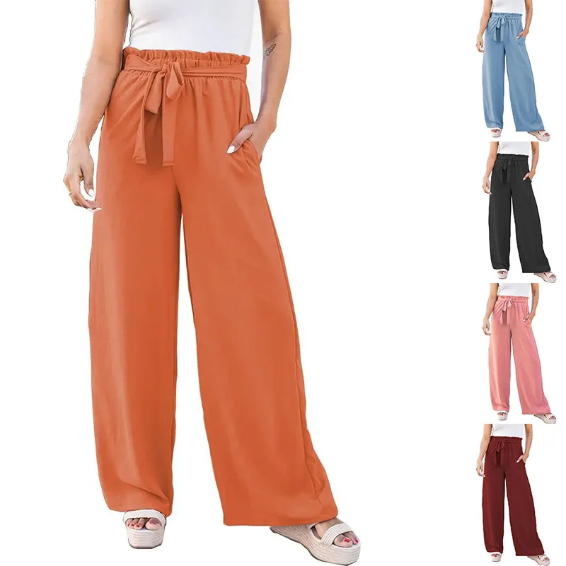 

2024 Spring Summer Loose Drawstring Trousers Straight Casual Pants Fashion Office Lady Solid Loose High Waist Long Pants 26673