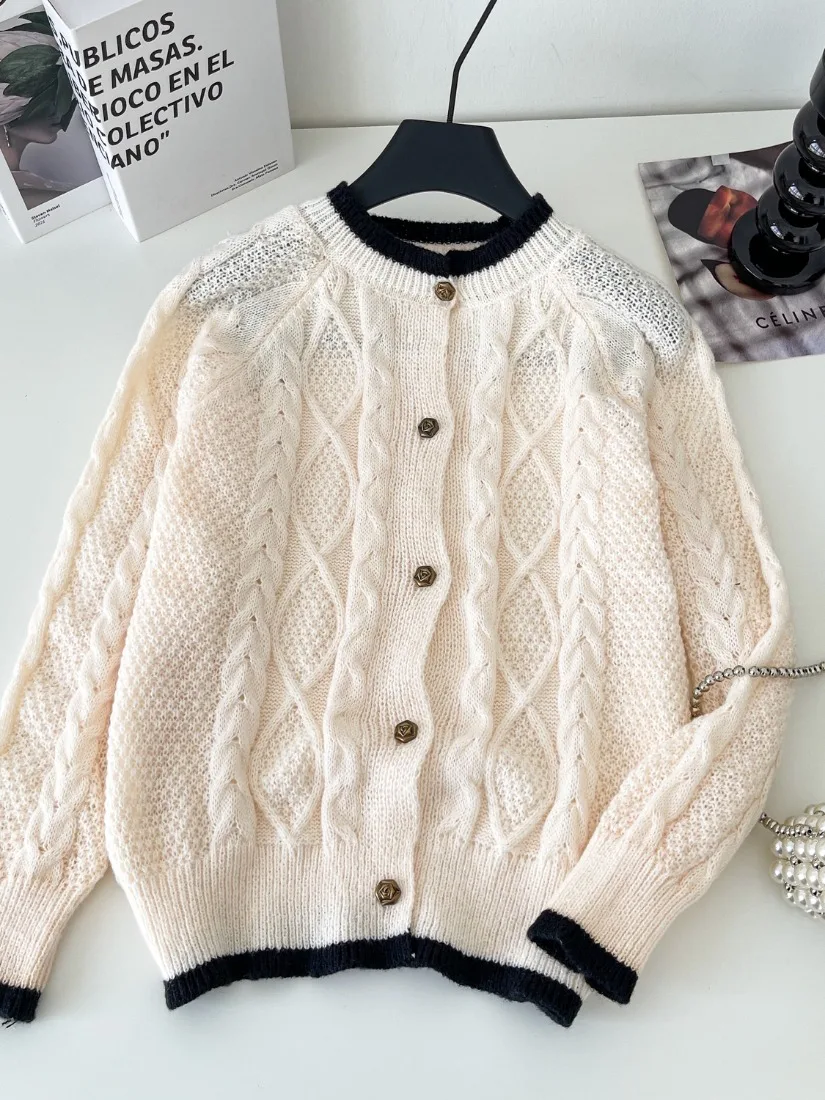 Foamlina Retro Korean Style Knit Sweater Women Winter Twist Color Block Striped Loose Lazy Relaxed Casual Sweater Coat Pullover