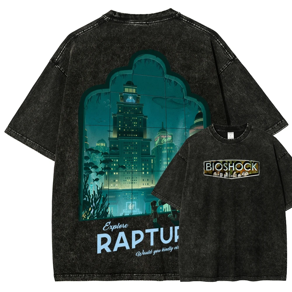 Camiseta lavada Bioshock, nuevo modelo, ropa con personalidad para amantes del anime, ropa de gran tamaño para todo el año, producto unisex transpirable