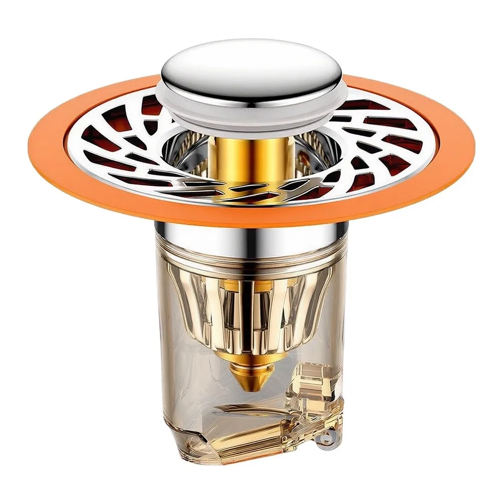 Orange Stainless Steel Sink Drain Stopper with Spring-Loaded Core for Fast Drainage Fits Most Basins 7.4 5.8 3.3 cm
