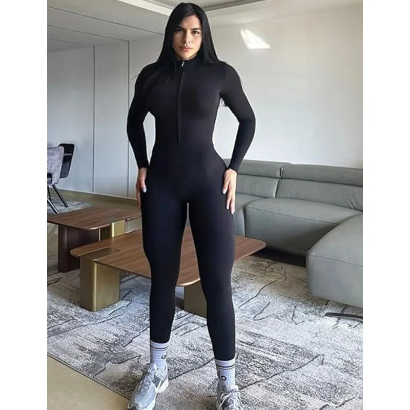 Aiithuug Workout Jumpsuit Romper Bottom Pants Bodysuit Bodycon Sexy One Piece Ribbed Yoga Jumpsuit Full Zip Up Women Long Sleeve