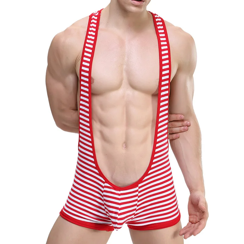 Striped Undershirts Suits Sexy Men JumpSuit Exotic Super Soft Undershirt Open Butt Wrestling Singlet Breathable BodySuit Sport
