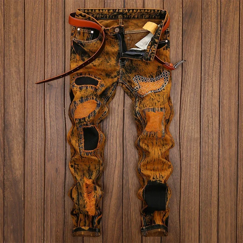 Autumn New Men's Orange Ripped Patchwork Jeans (No Belt) Personalized Fashion Vintage Denim Trousers Motorcycle Streetwear Male