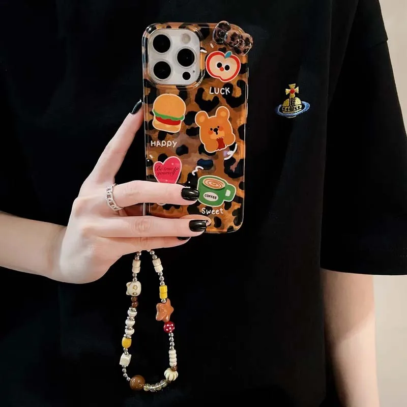 

Cartoon Bearly Bear Leopard Print Silicone Phone Case Full Protection with Chain for 16Promax Women's Stylish Cute Crea...