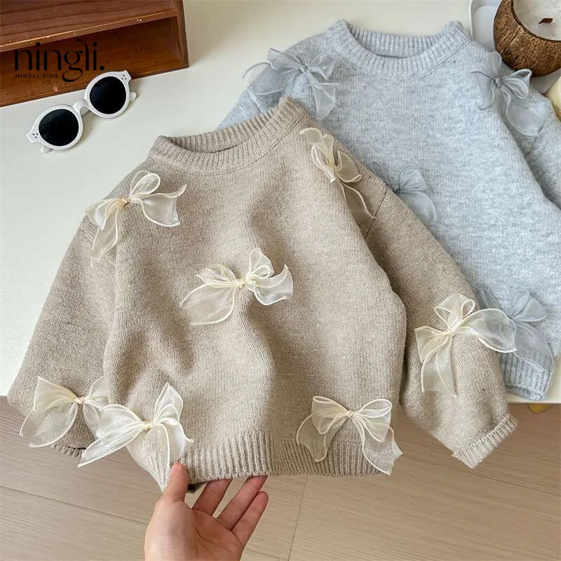 

Girls Sweater 2025 Spring New Korean Casual Bow Short Top Childrens o-Neck Pullover Knitted Sweater