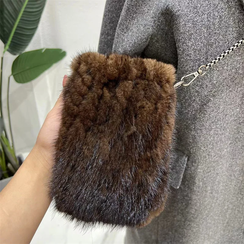 Premium Quality Natural Mink Women\'s Handbag New Style Trendy Fur Bag Fashionable Simple Versatile Knit Cell Phone Shoulder Bag