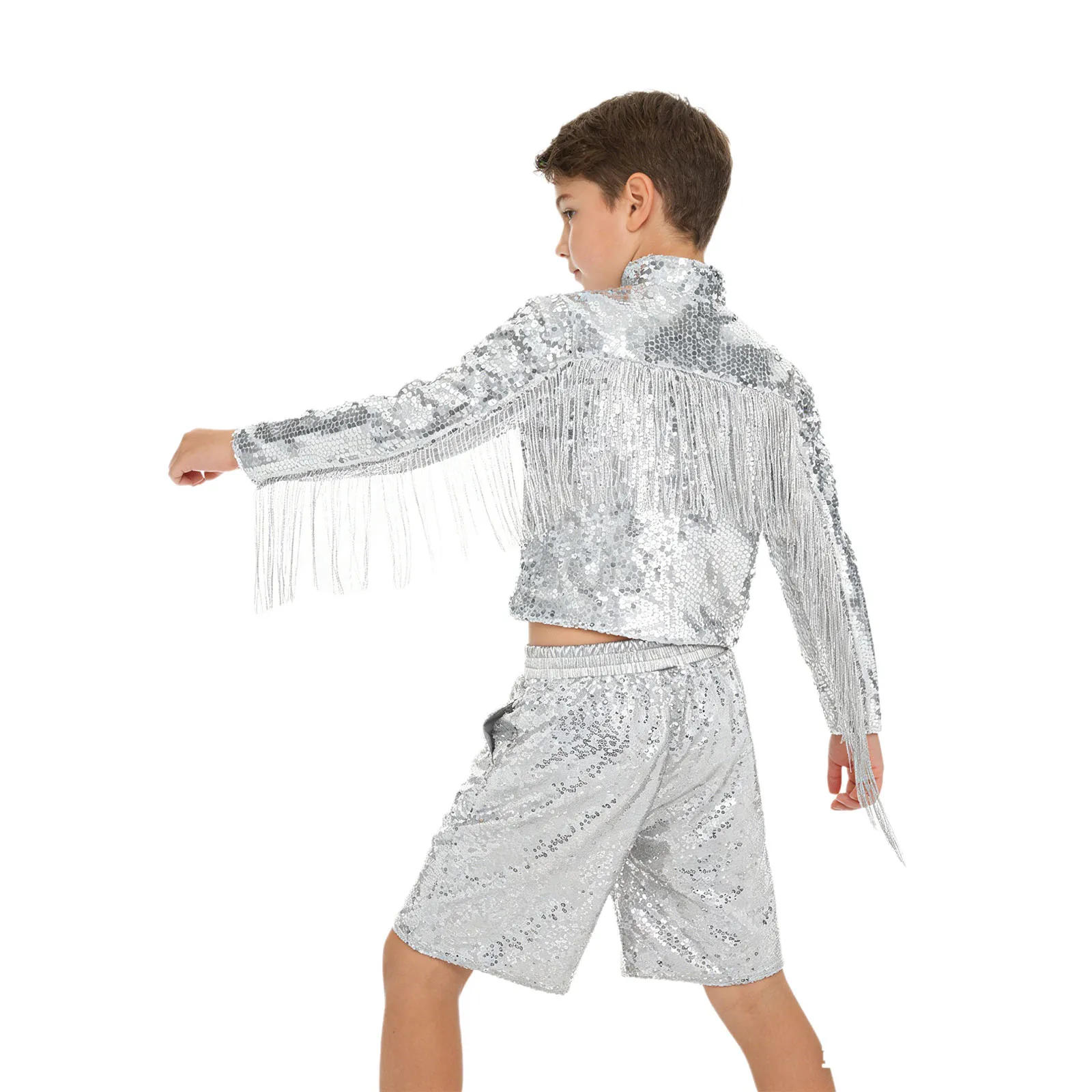 

Boys Hip-hop Set Kids Silver Color Jazz Dance Costume Streetwear Sequin Long Sleeve Front Zipper Tassel Jacket Shirts And Shorts