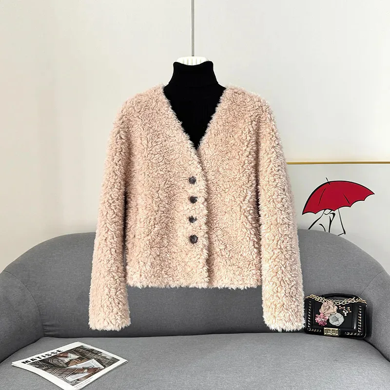 

2026 New Winter V-Neck Short Lamb Fur Coat Women Korean Fashion Sheep Shearling Wool Overcoat Ladies Casual Loose Jacket T1659
