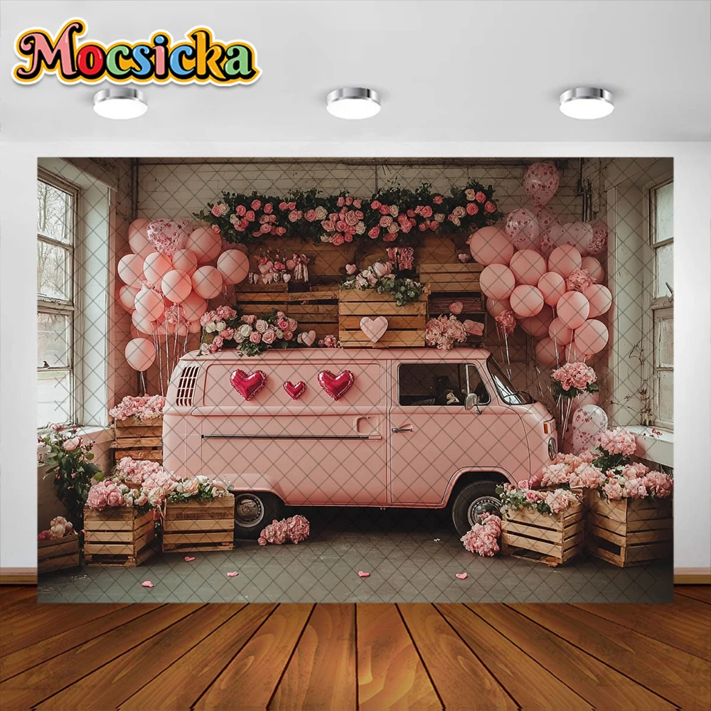 Valentine's Day Photography Background Pink Bus Floral Arch Decoration Backdrop Baby Shower Couple Portrait Photo Studio Props